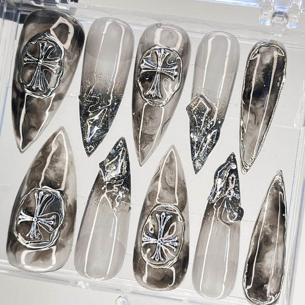 3D Metallic Chrome Silver Cross on Clear Black Luxury Stiletto Press On Nails, Custom Handpainted Gothic Fake Nails, Y2K Nails
