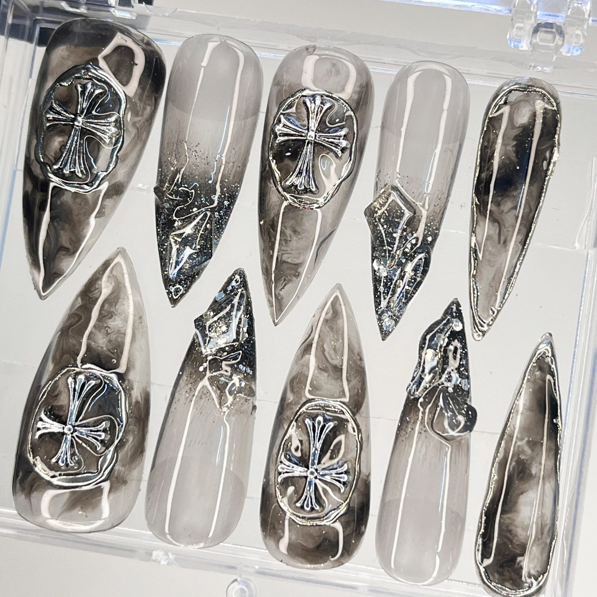 3D Metallic Chrome Silver Cross on Clear Black Luxury Stiletto Press On Nails, Custom Handpainted Gothic Fake Nails, Y2K Nails