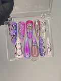 3D Metallic Silver on Purple Long Stiletto Press On Nails Goth, Chrome Aura Gothic Fake Nails, Emo Y2K Grunge Nails