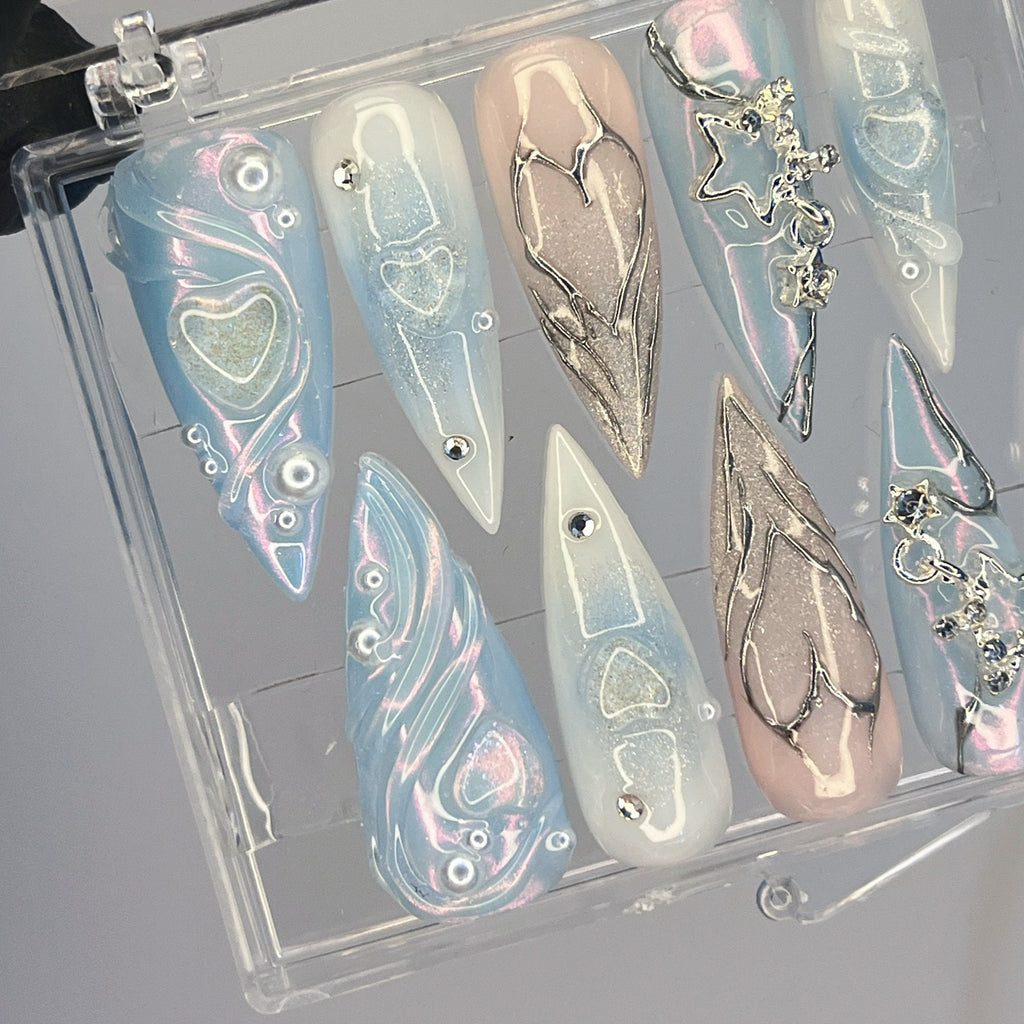 Free Style Mermaid 3D Gel Blue Almond Press On Nails, Handpainted Fake/False Nail, Event/Birthday/Prom/Holiday Nails Art