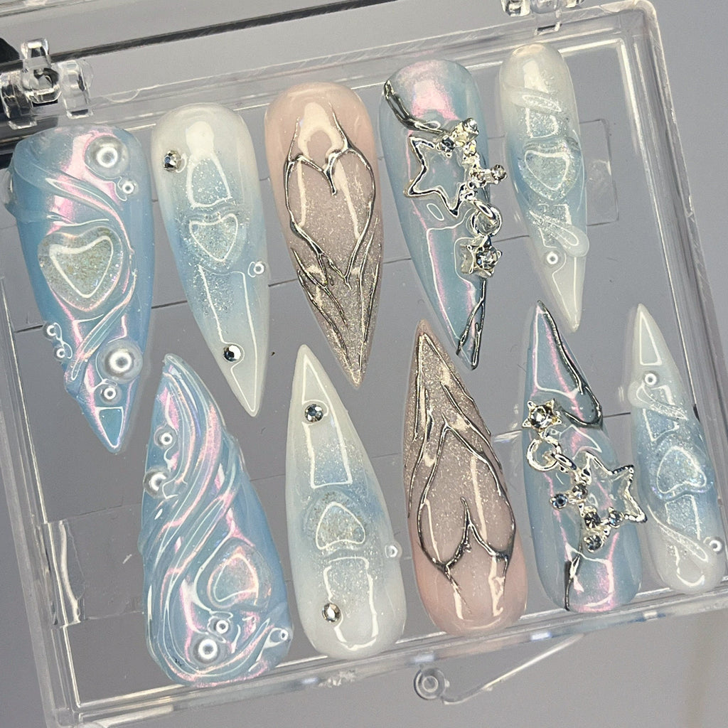 Free Style Mermaid 3D Gel Blue Almond Press On Nails, Handpainted Fake/False Nail, Event/Birthday/Prom/Holiday Nails Art