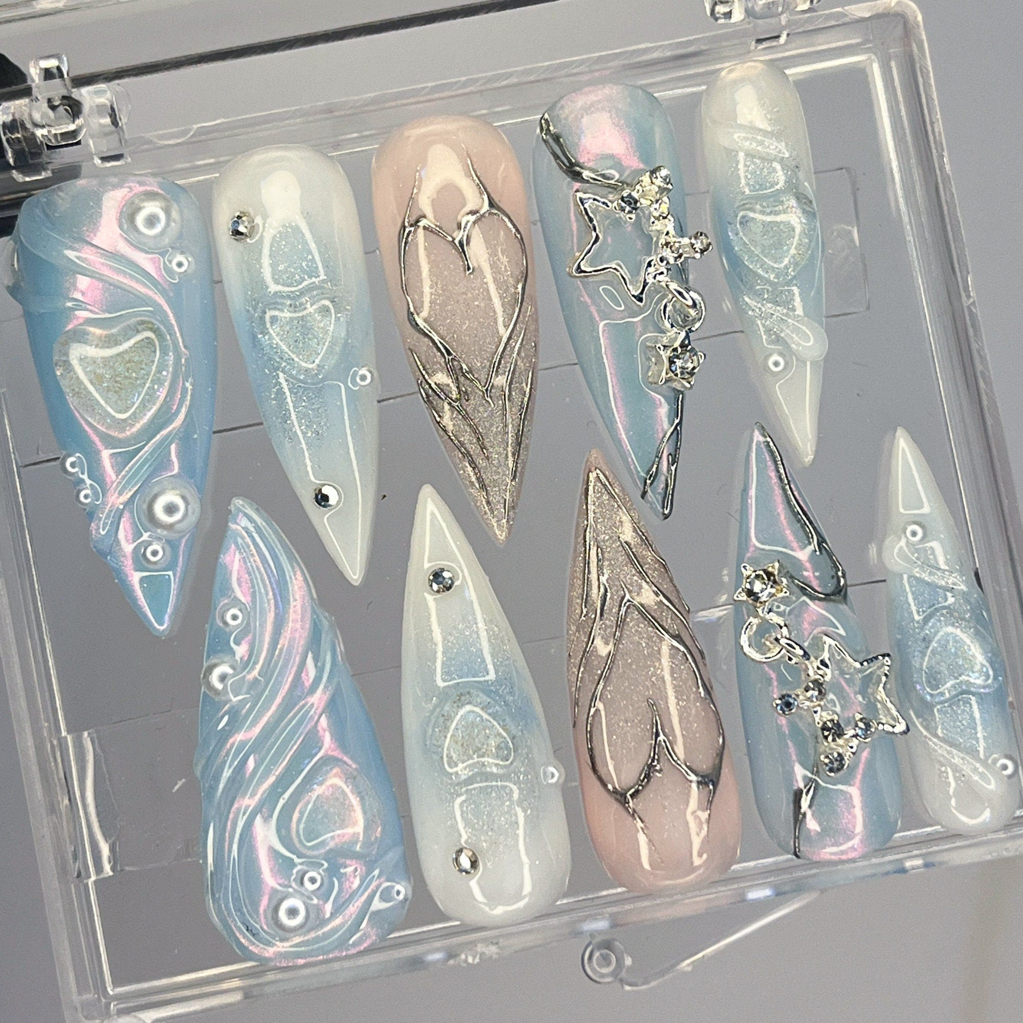 Free Style Mermaid 3D Gel Blue Almond Press On Nails, Handpainted Fake/False Nail, Event/Birthday/Prom/Holiday Nails Art