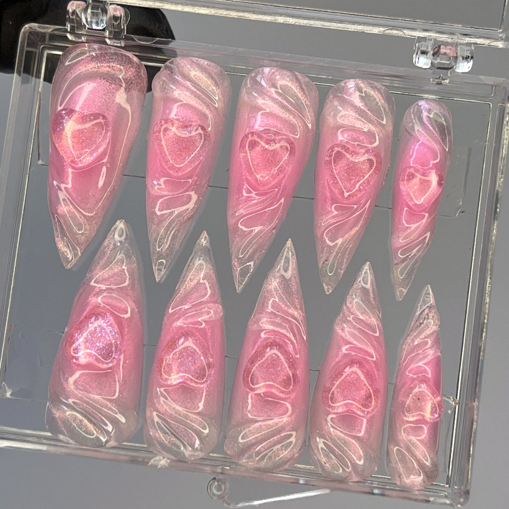 Pink Heart Theme 3D Gel Long Stiletto Press On Nail, Handmade Custom Fairy Core Nail, Kawaii Nails for Event Birthday, Perfect Gift for Her