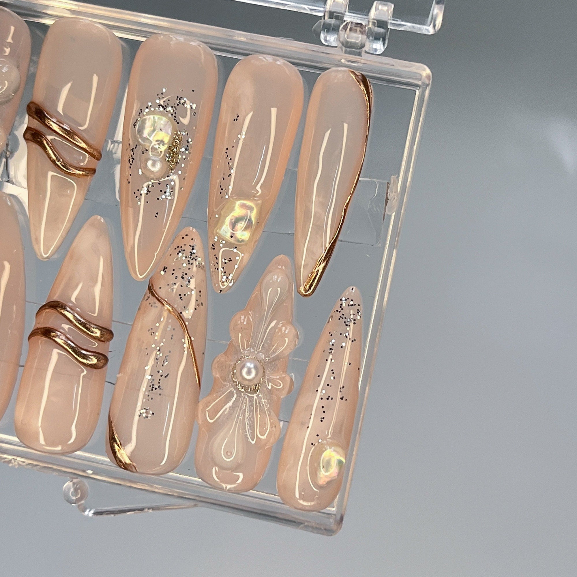Hand-Painted 3D Flower Elegant with Gold Long Almond Press On Nails - Event, Birthday, Prom, and Holiday Nail Art