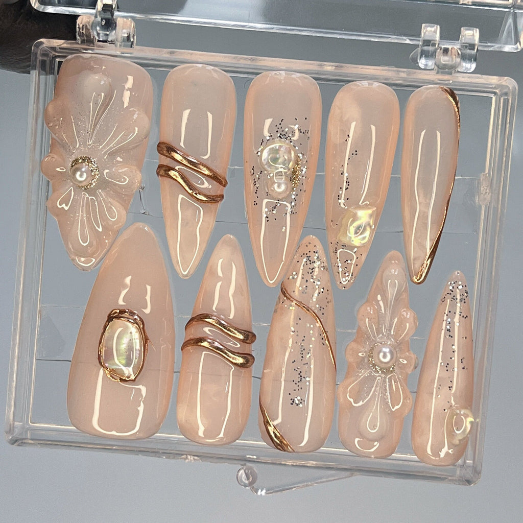 Hand-Painted 3D Flower Elegant with Gold Long Almond Press On Nails - Event, Birthday, Prom, and Holiday Nail Art