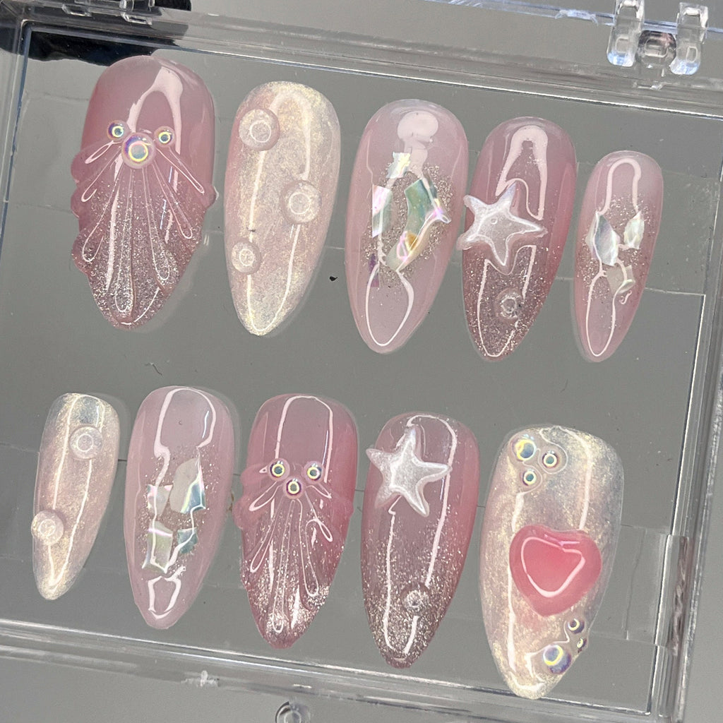 Hand-Painted Free-Style SeaShell 3D Summer Almond Press On Nails - Mermaid Inspired Nails Art for Prom, Events, and Birthdays