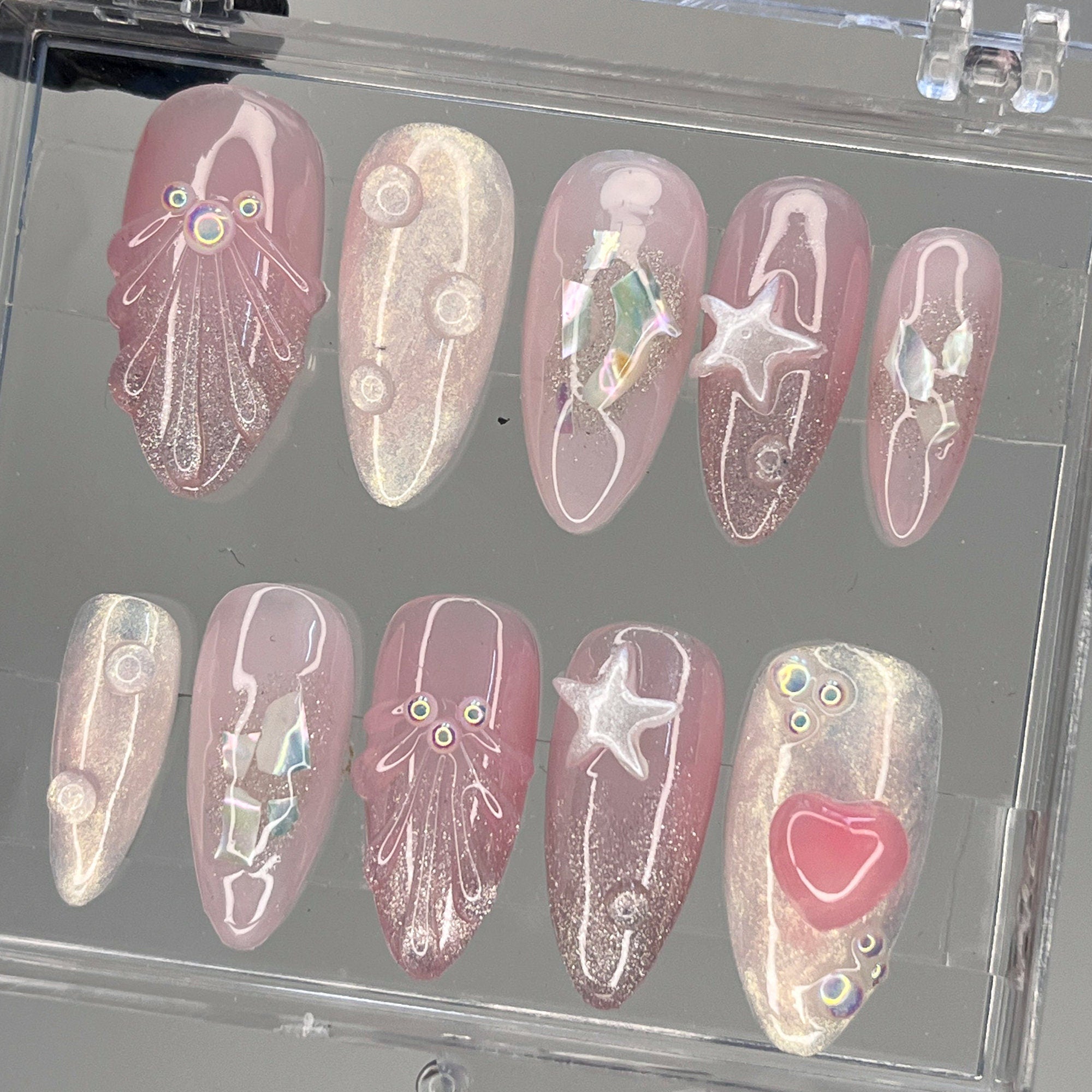 Hand-Painted Free-Style SeaShell 3D Summer Almond Press On Nails - Mermaid Inspired Nails Art for Prom, Events, and Birthdays