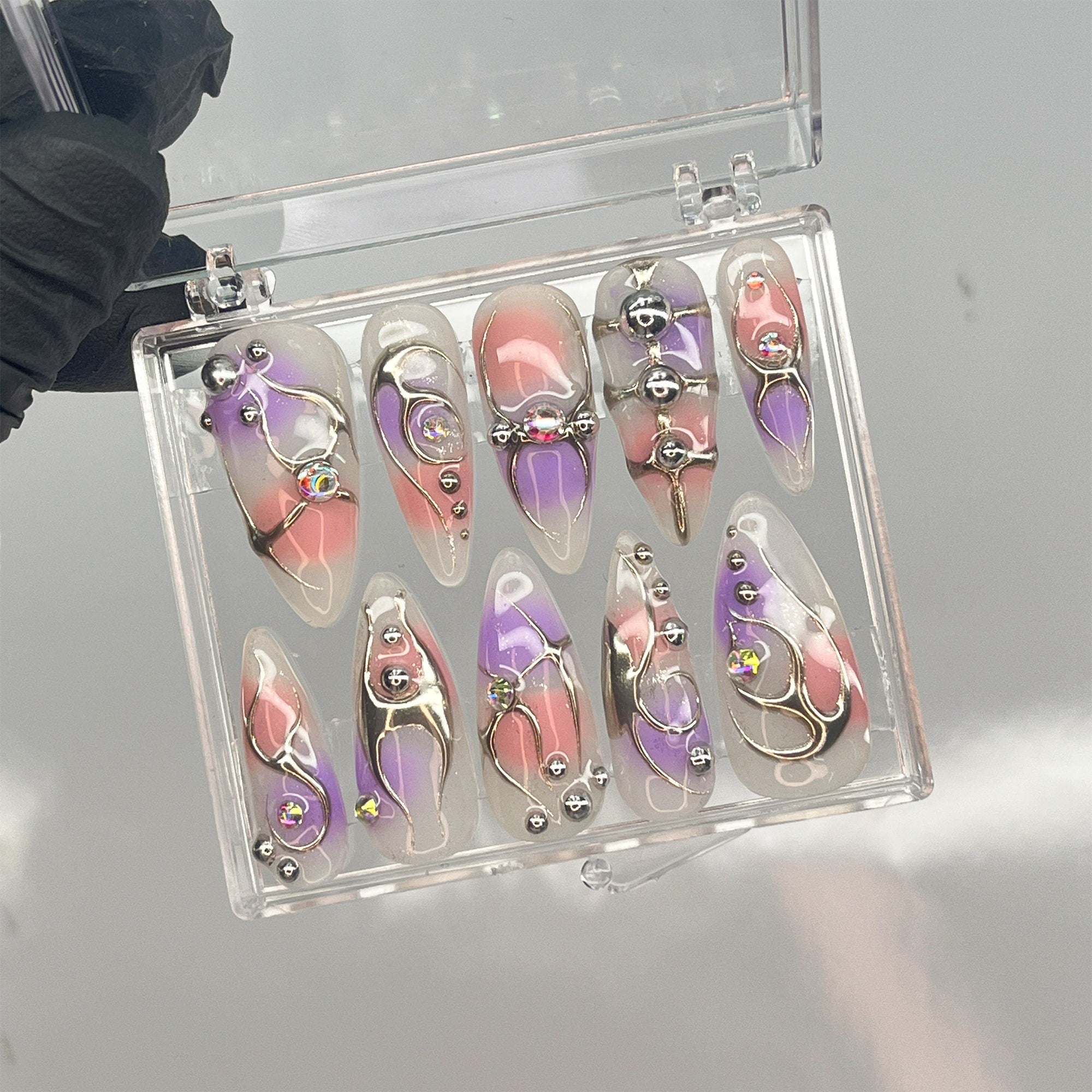 Free Style Purple & Pink Chrome Silver Line Press On Nail, Handpainted Fake/False Nail, Event/Birthday/Prom/Holiday Nail Art