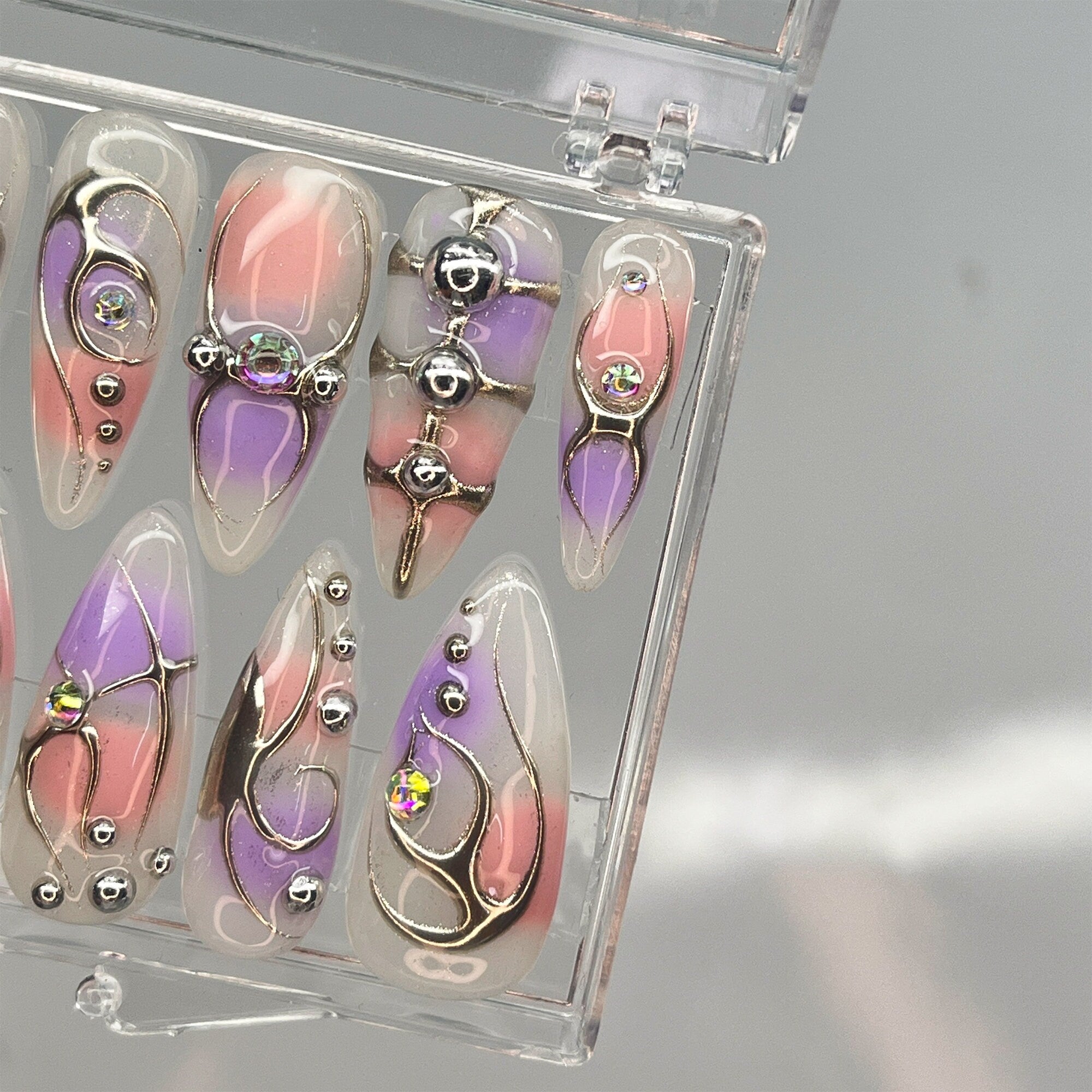 Free Style Purple & Pink Chrome Silver Line Press On Nail, Handpainted Fake/False Nail, Event/Birthday/Prom/Holiday Nail Art