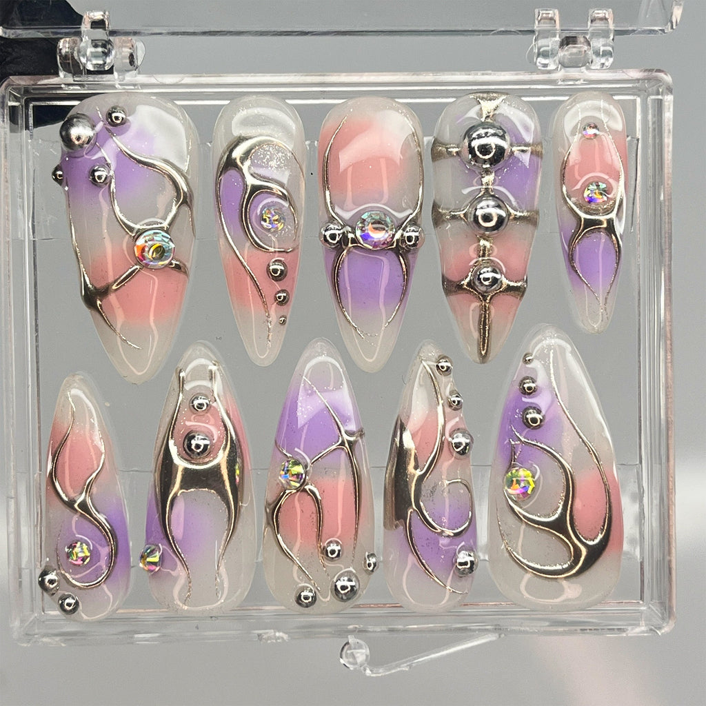 Free Style Purple & Pink Chrome Silver Line Press On Nail, Handpainted Fake/False Nail, Event/Birthday/Prom/Holiday Nail Art