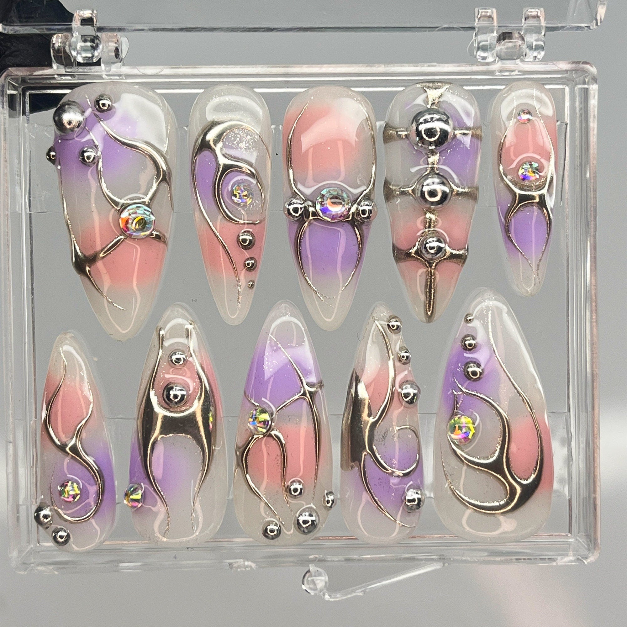 Free Style Purple & Pink Chrome Silver Line Press On Nail, Handpainted Fake/False Nail, Event/Birthday/Prom/Holiday Nail Art