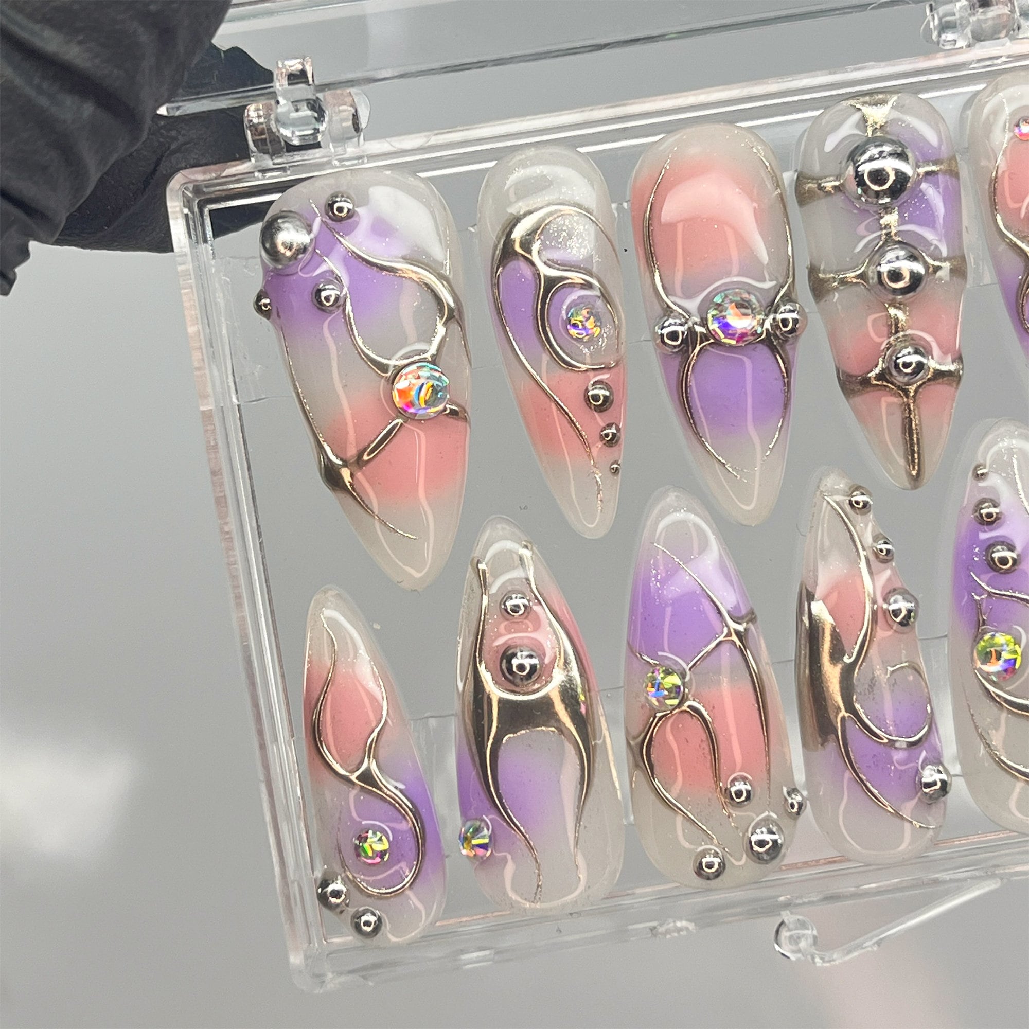 Free Style Purple & Pink Chrome Silver Line Press On Nail, Handpainted Fake/False Nail, Event/Birthday/Prom/Holiday Nail Art