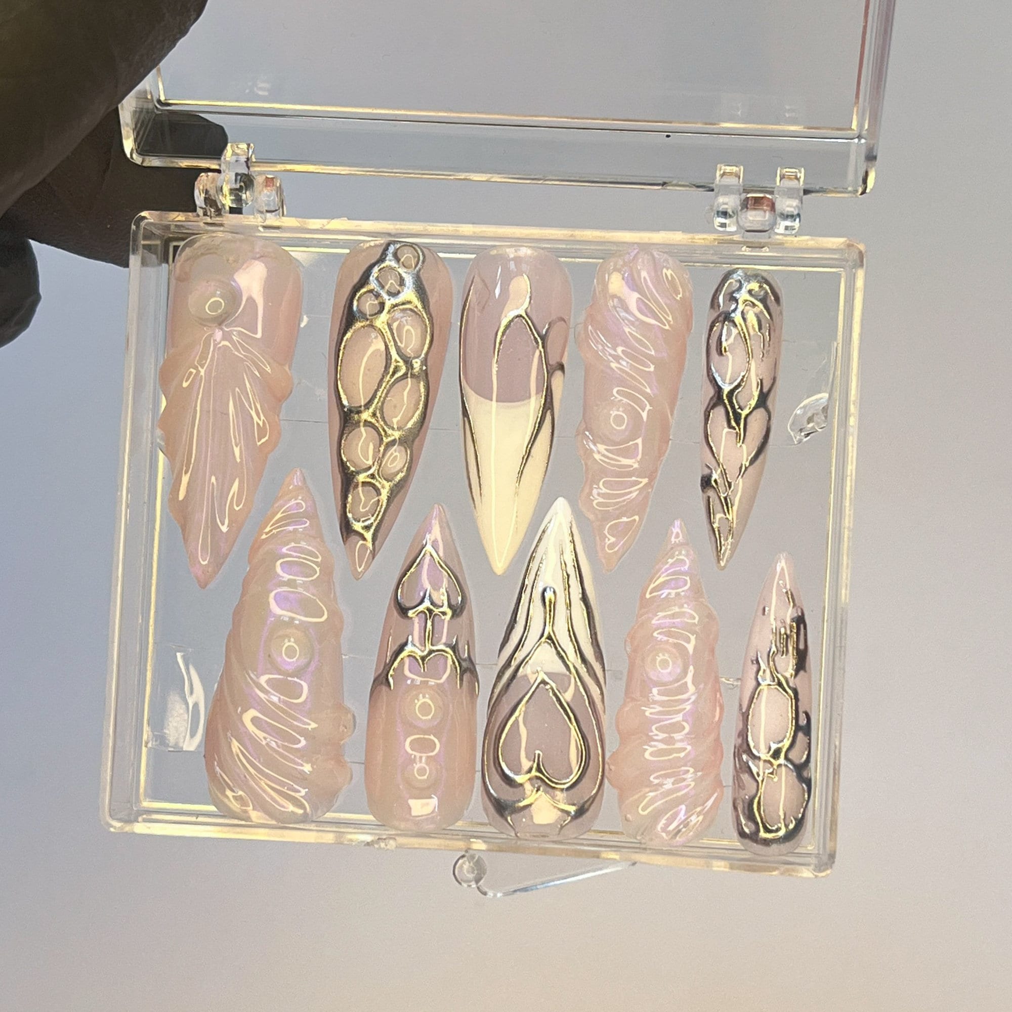 Free Style Silver 3D Gel Almond Press On Nails, Handpainted Fake/False Nails, Prom/Event/Birthday Nails, Goth/Gothic/Y2K/Aura Nail
