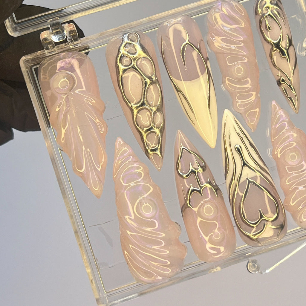 Free Style Silver 3D Gel Almond Press On Nails, Handpainted Fake/False Nails, Prom/Event/Birthday Nails, Goth/Gothic/Y2K/Aura Nail