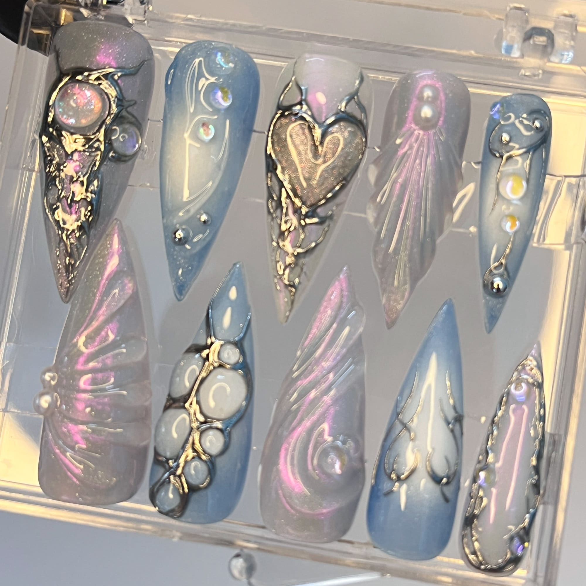 Free Style Blue Mermaid Almond Press On Nails, Handpainted Fake/False Nails, Prom/Event/Birthday Nails, Goth/Gothic/Y2K/Aura Nai