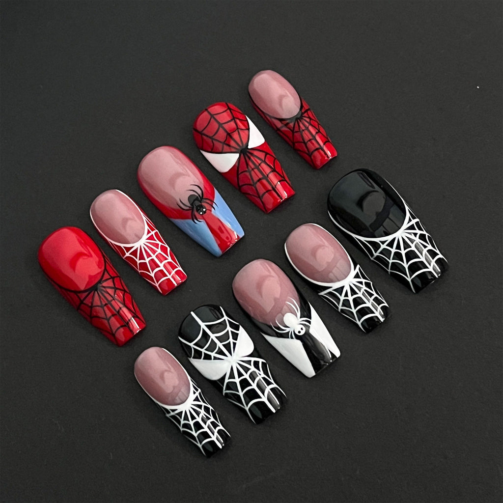 Black & Red Spider Web Long Coffin Halloween Press on Nails, Custom Fake Scary Night Nails, False Nails, DIY Nails