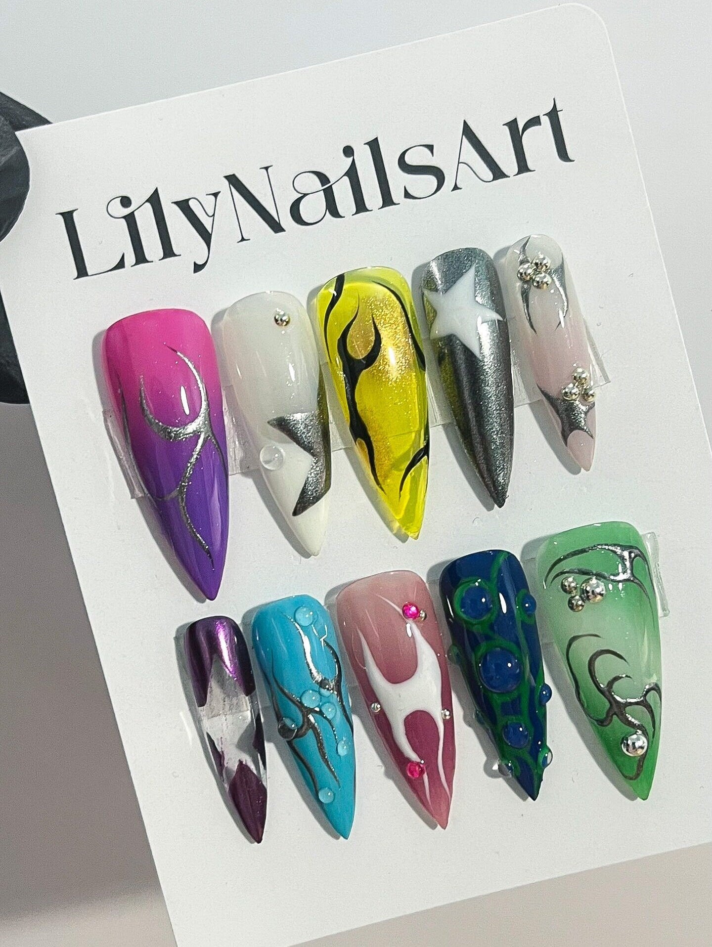 Free Style Multi Colour Metallic Silver Chrome Press On Nails Goth, Handpainted Gothic Short Stiletto Nails, Y2K Emo Fake Nails