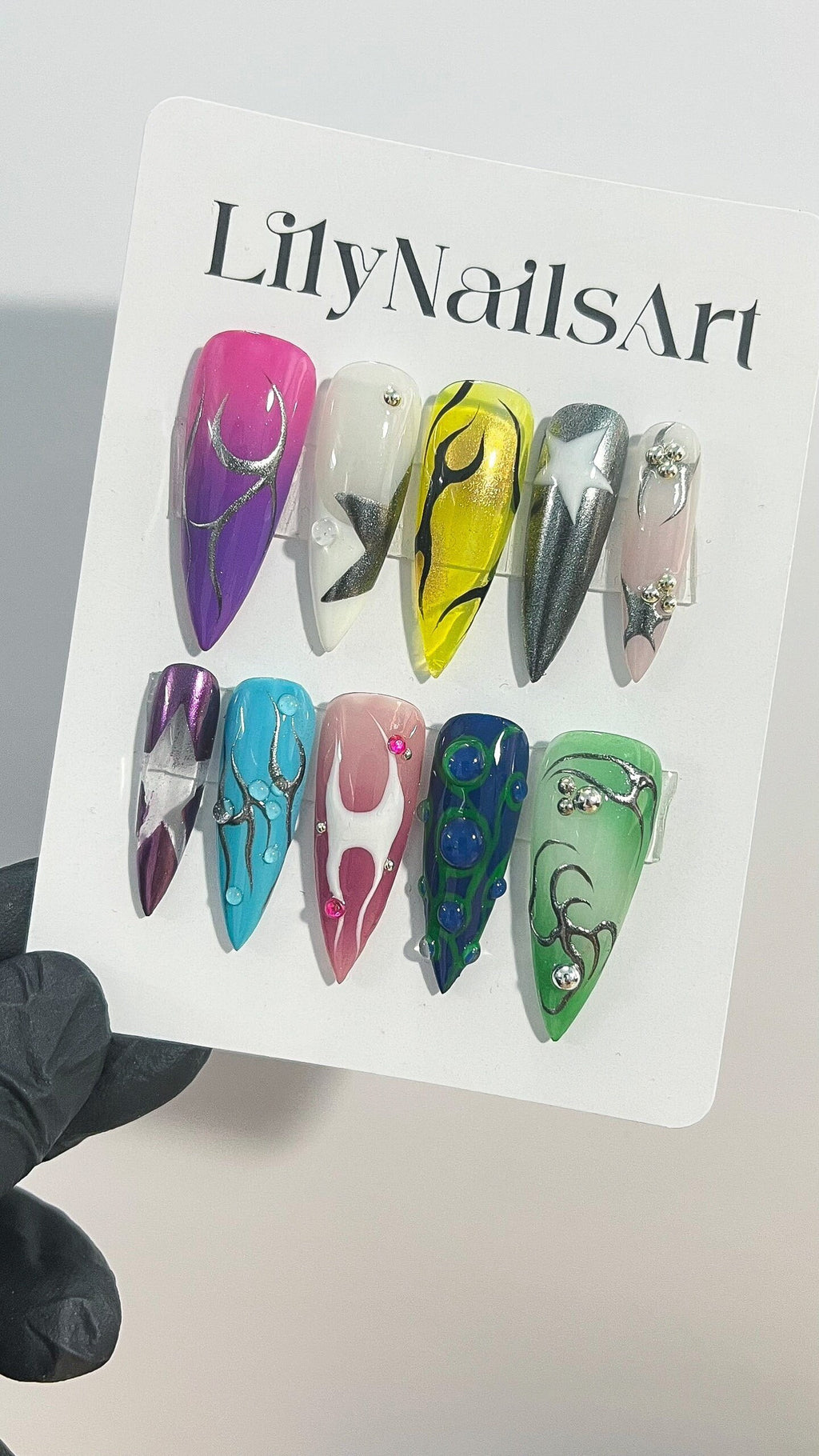 Free Style Multi Colour Metallic Silver Chrome Press On Nails Goth, Handpainted Gothic Short Stiletto Nails, Y2K Emo Fake Nails