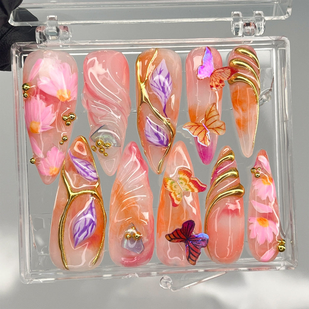 Fairy Tale Butterfly Long Almond Press On Nails, 3D Fairycore Nails, Dreamy Nails for Birthday, Holiday, Event, Party