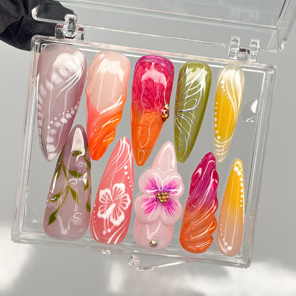 Fairy Tale Flower Long Almond Press On Nails, 3D Fairycore Nails, Dreamy Nails