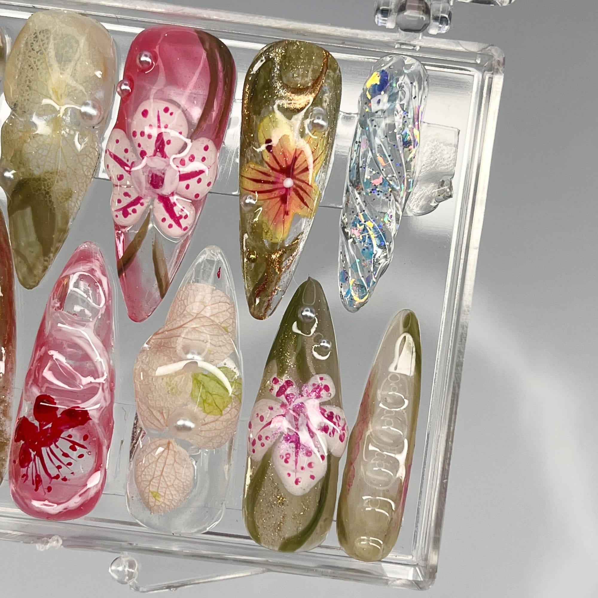 3D Dry Orchard Flower Long Almond Press On Nail, Custom Handpainted Acrylic Spring Fake/False Nail, Floral Nails, Perfect Gift for Her