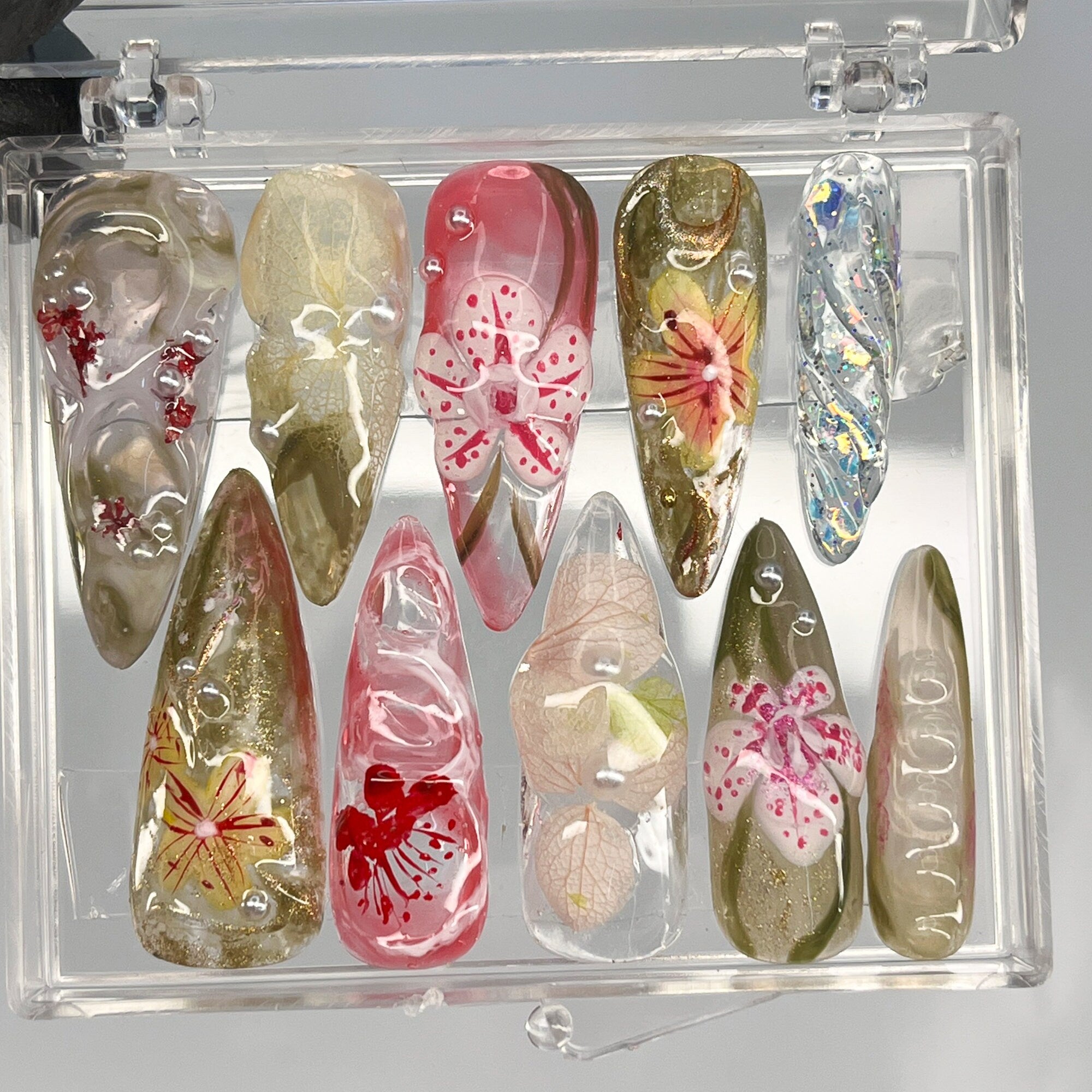 3D Dry Orchard Flower Long Almond Press On Nail, Custom Handpainted Acrylic Spring Fake/False Nail, Floral Nails, Perfect Gift for Her