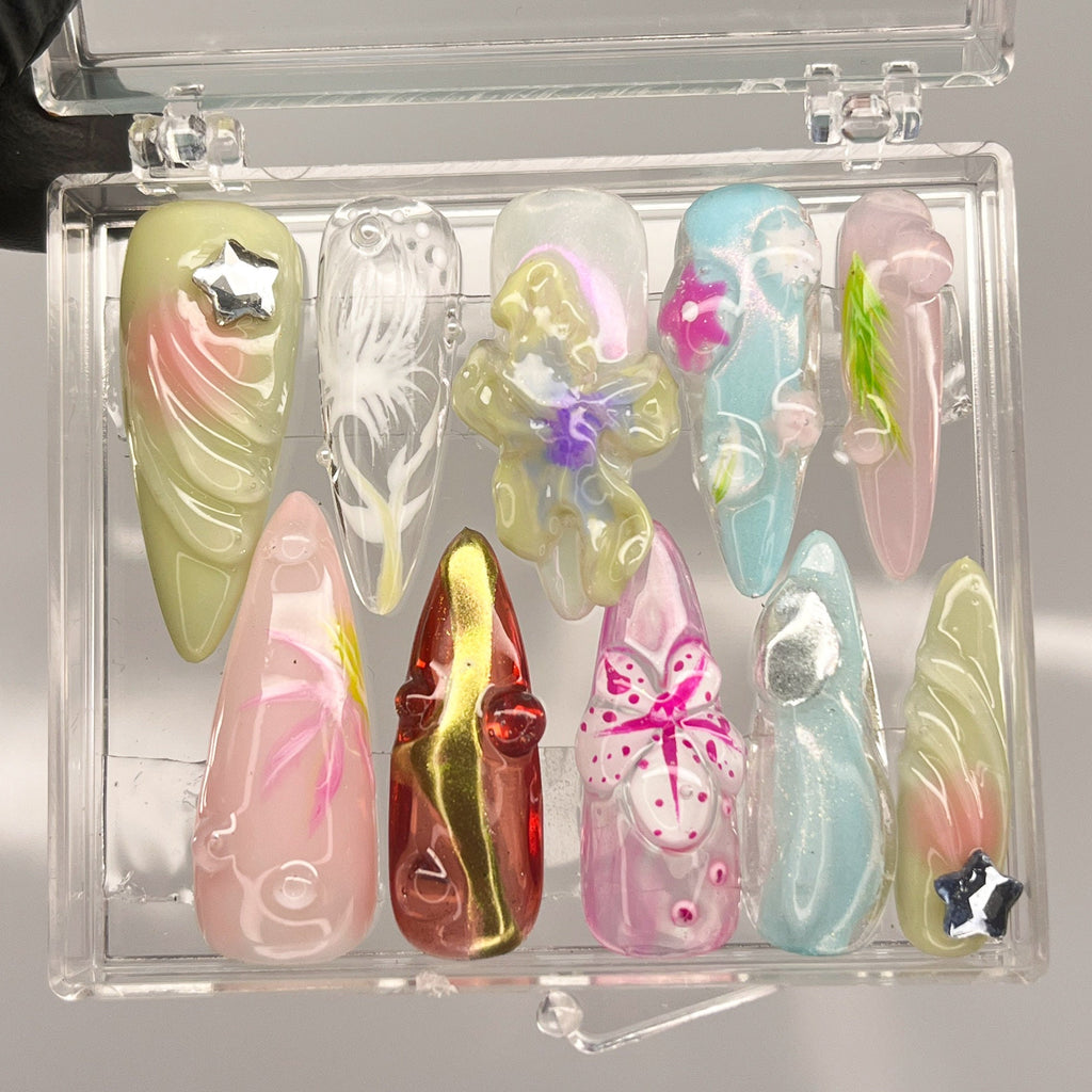 3D Dry Orchard Flower Long Almond Press On Nail, Custom Handpainted Acrylic Spring Fake/False Nail, Floral Nails for Birthday Party Holiday
