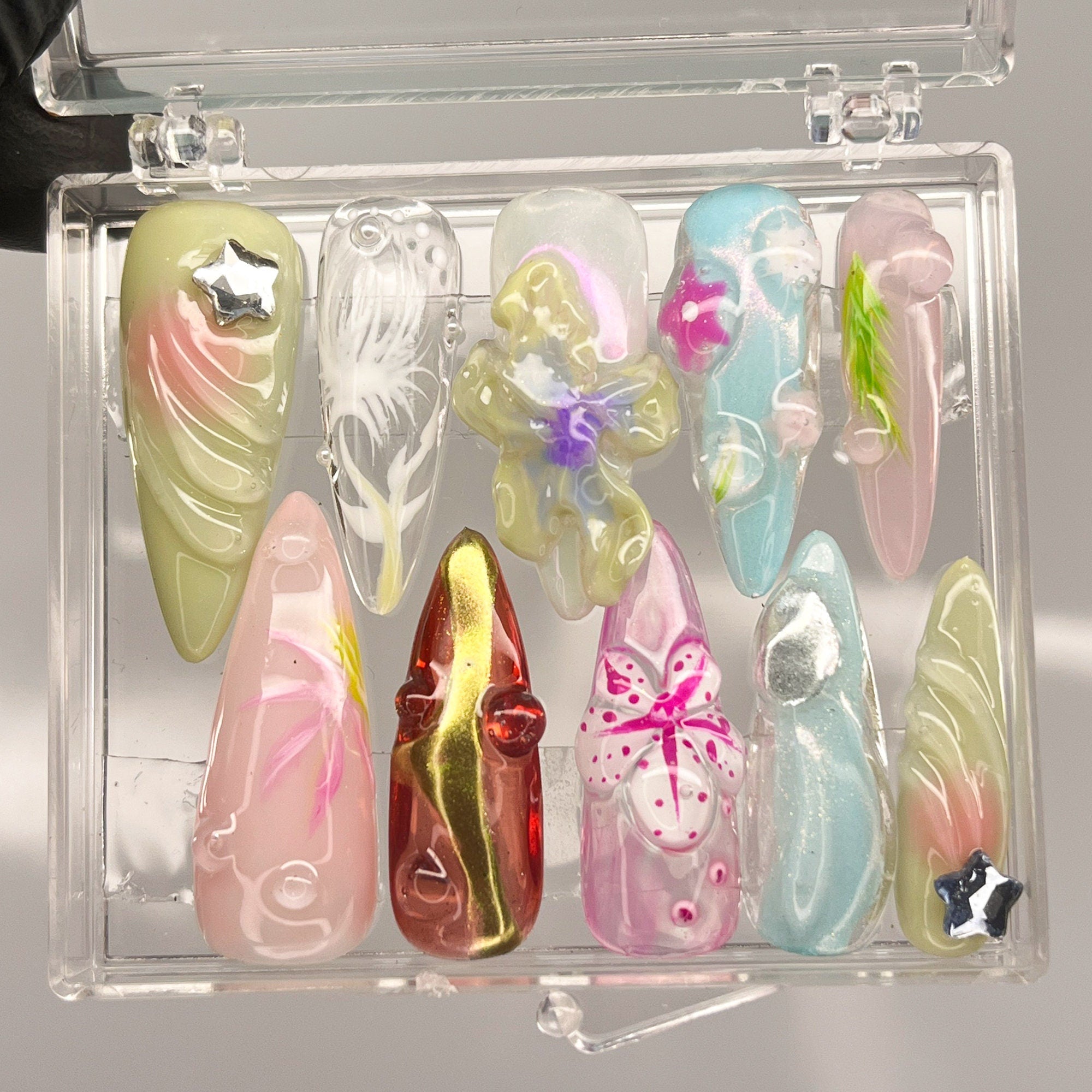 3D Dry Orchard Flower Long Almond Press On Nail, Custom Handpainted Acrylic Spring Fake/False Nail, Floral Nails for Birthday Party Holiday