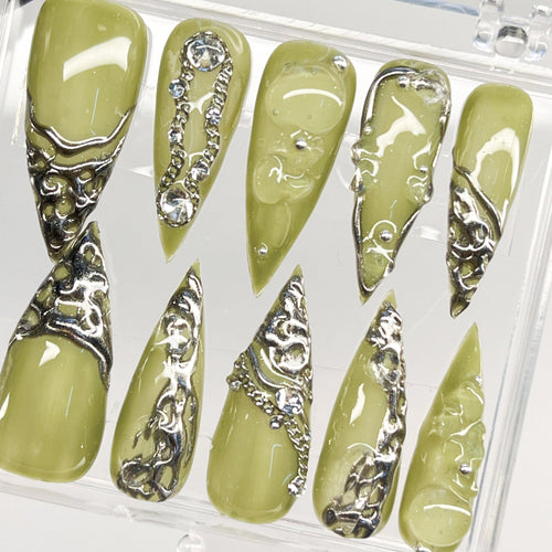 3D Chrome Metallic Silver on Trendy Green Long Stiletto Press On Nails Goth, Handpainted Gothic Fake Nails, Y2K Emo Grunge Nails