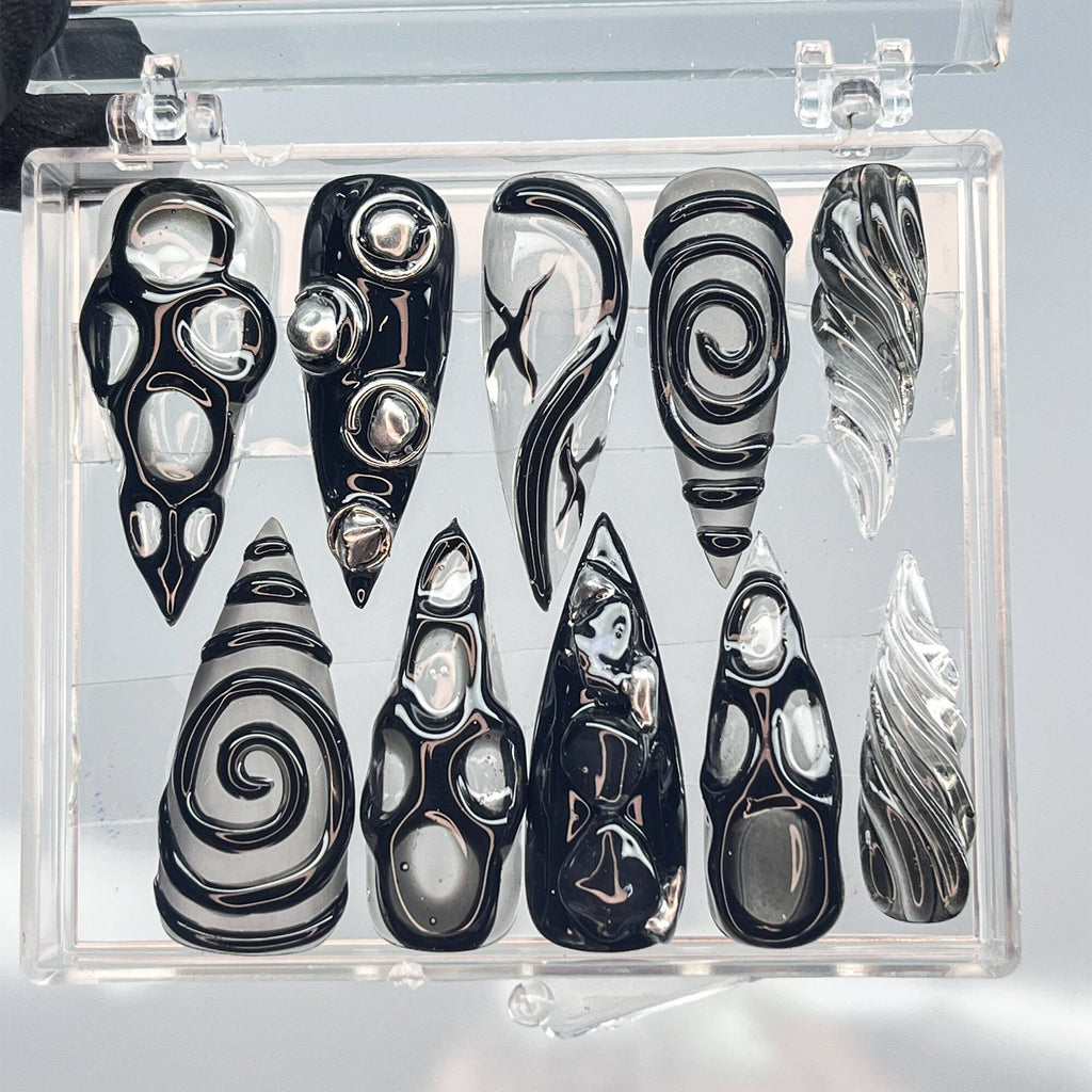 3D Black Clear Transparent Stiletto Goth Press On Nails, Handpainted Luxury Acrylic Gothic Fake Nails, Emo Y2K Style