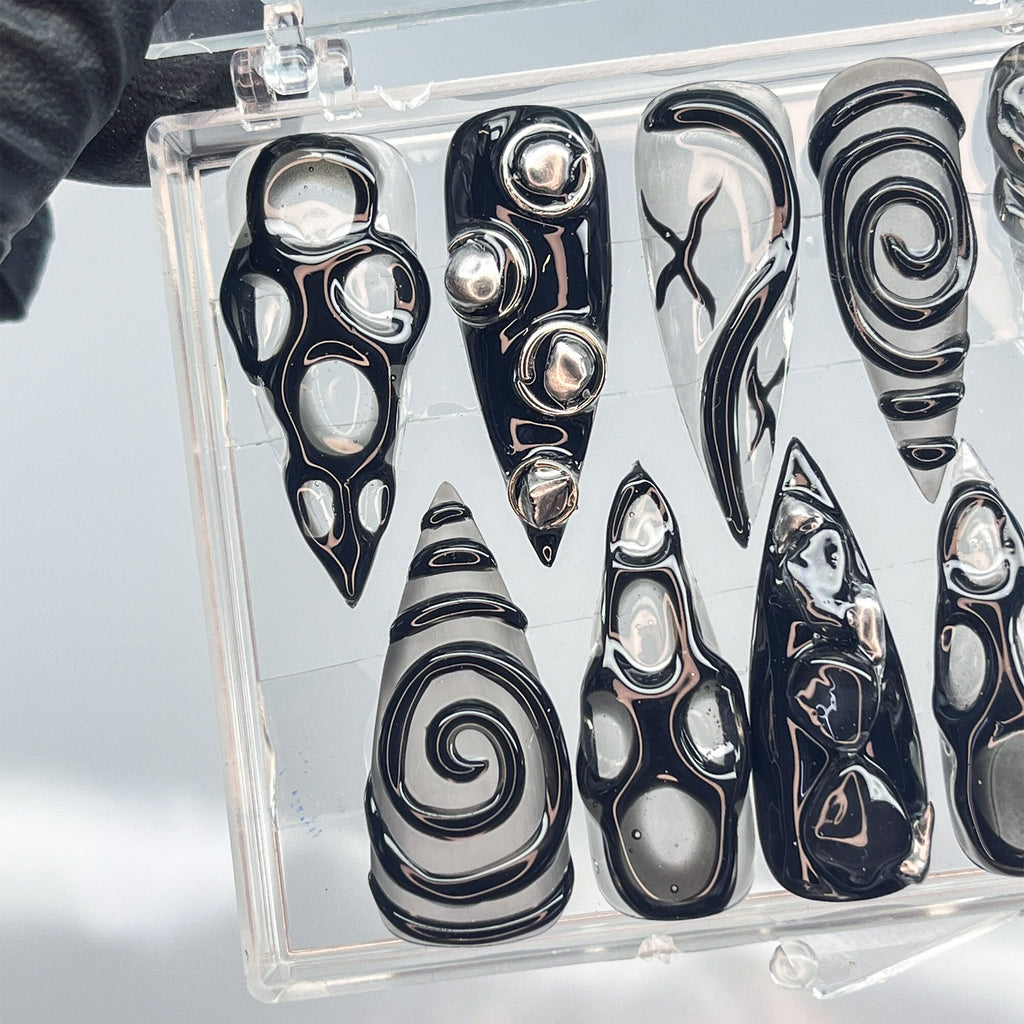 3D Black Clear Transparent Stiletto Goth Press On Nails, Handpainted Luxury Acrylic Gothic Fake Nails, Emo Y2K Style