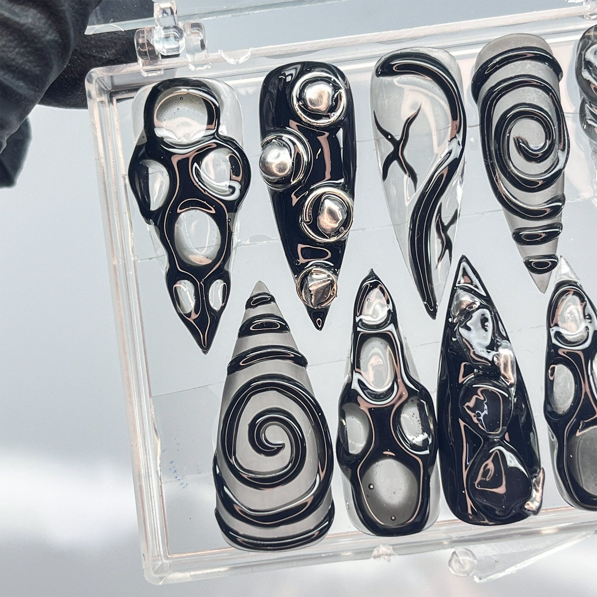 3D Black Clear Transparent Stiletto Goth Press On Nails, Handpainted Luxury Acrylic Gothic Fake Nails, Emo Y2K Style