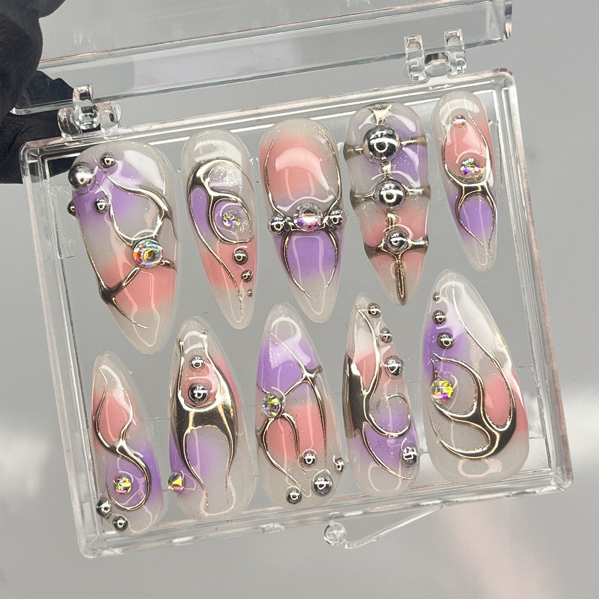 Free Style Purple & Pink Chrome Silver Line Press On Nail, Handpainted Fake/False Nail, Event/Birthday/Prom/Holiday Nail Art