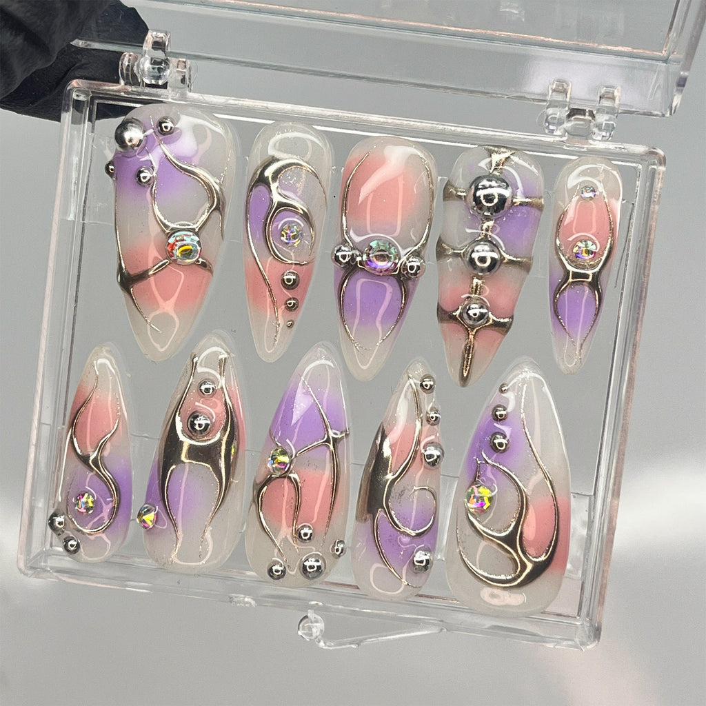 Free Style Purple & Pink Chrome Silver Line Press On Nail, Handpainted Fake/False Nail, Event/Birthday/Prom/Holiday Nail Art