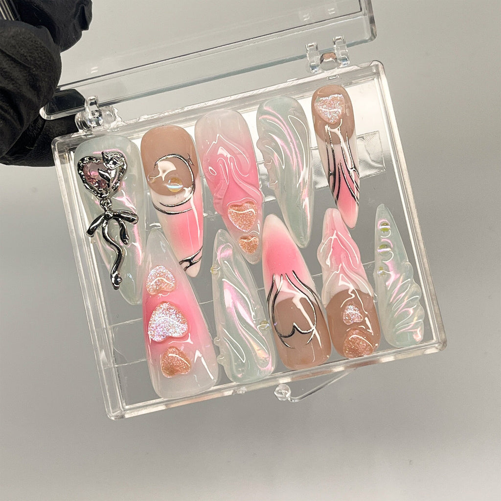 Free Style Silver 3D Gel Almond Press On Nails, Handpainted Fairy Core Nails, Prom/Event/Birthday Nails, Goth/Gothic/Y2K/Aura Nail