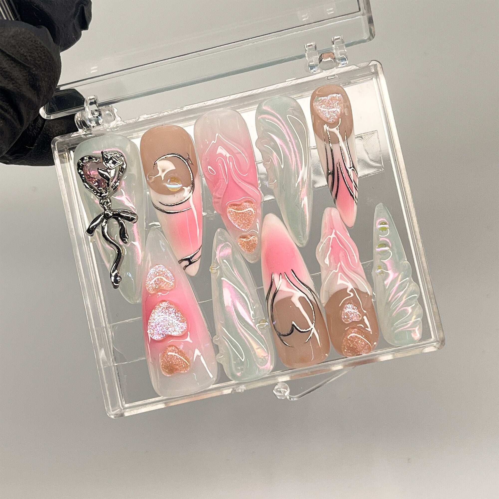Free Style Silver 3D Gel Almond Press On Nails, Handpainted Fairy Core Nails, Prom/Event/Birthday Nails, Goth/Gothic/Y2K/Aura Nail