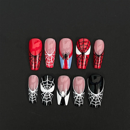 Black & Red Spider Web Long Coffin Halloween Press on Nails, Custom Fake Scary Night Nails, False Nails, DIY Nails