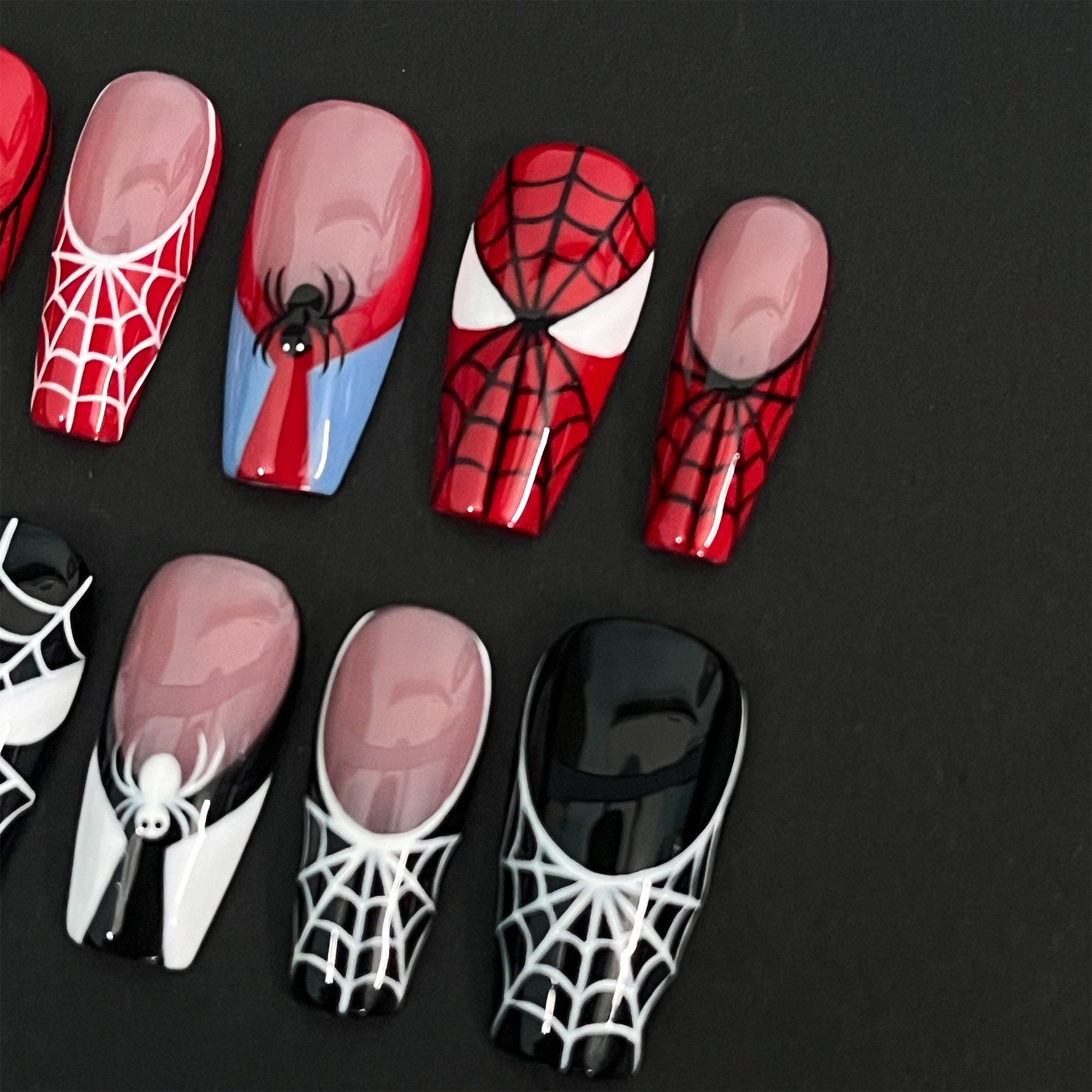 Black & Red Spider Web Long Coffin Halloween Press on Nails, Custom Fake Scary Night Nails, False Nails, DIY Nails