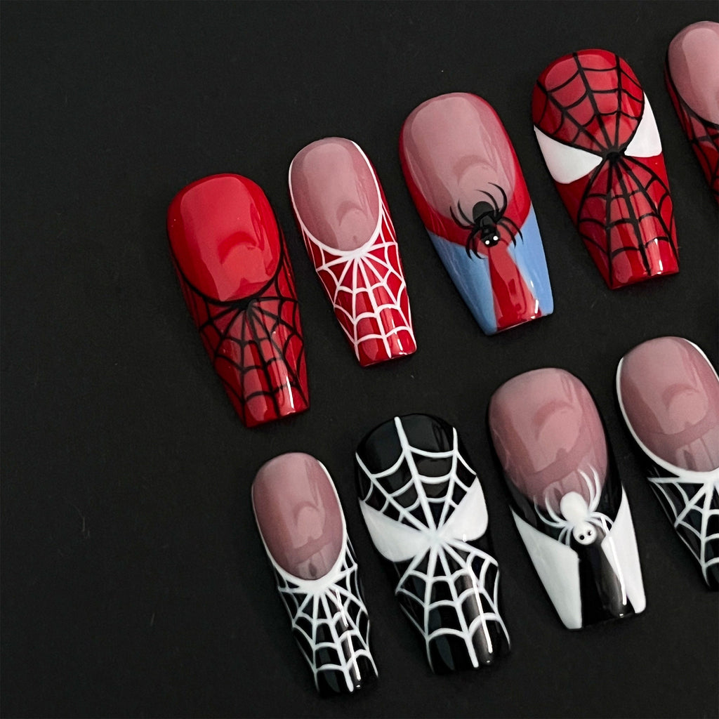 Black & Red Spider Web Long Coffin Halloween Press on Nails, Custom Fake Scary Night Nails, False Nails, DIY Nails