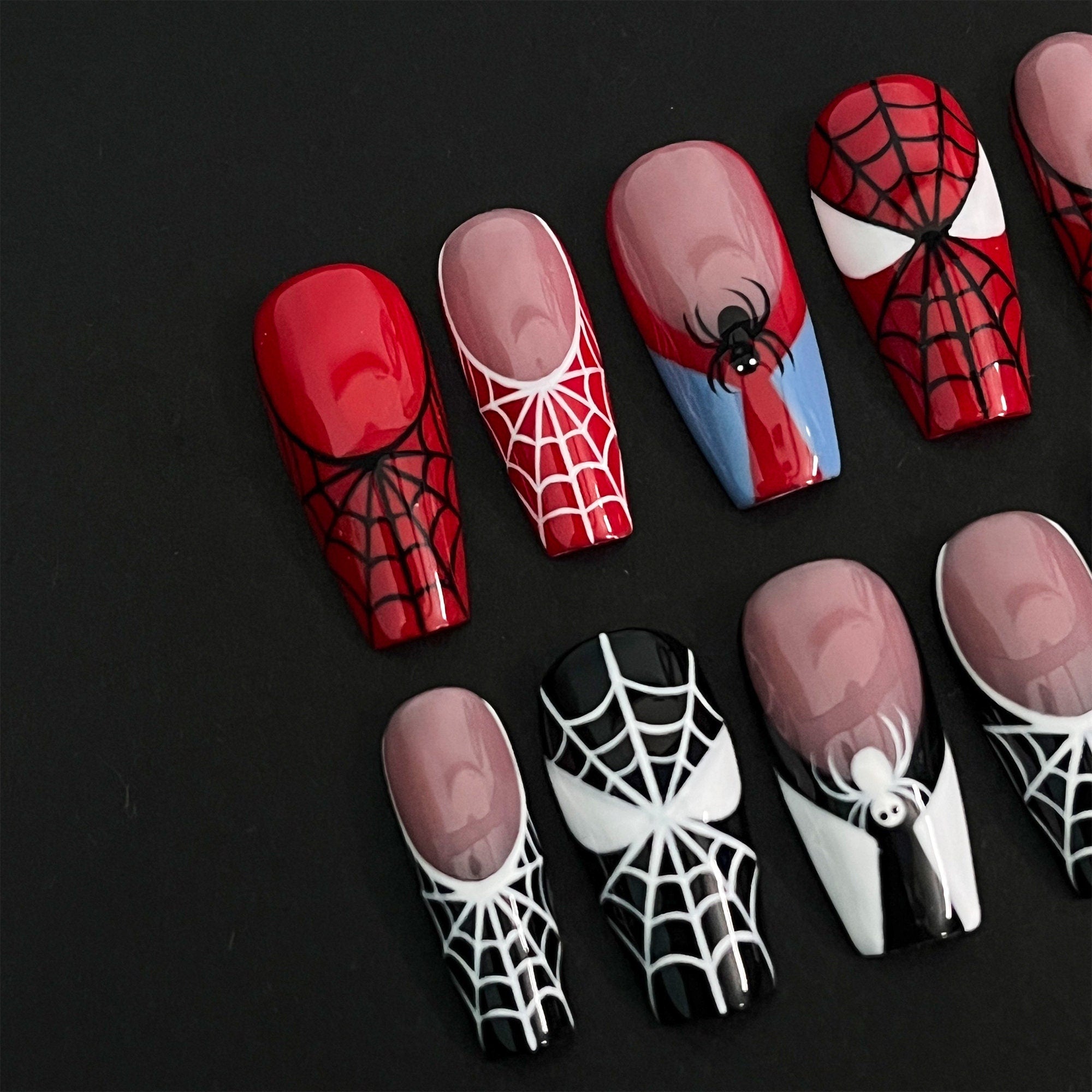 Black & Red Spider Web Long Coffin Halloween Press on Nails, Custom Fake Scary Night Nails, False Nails, DIY Nails