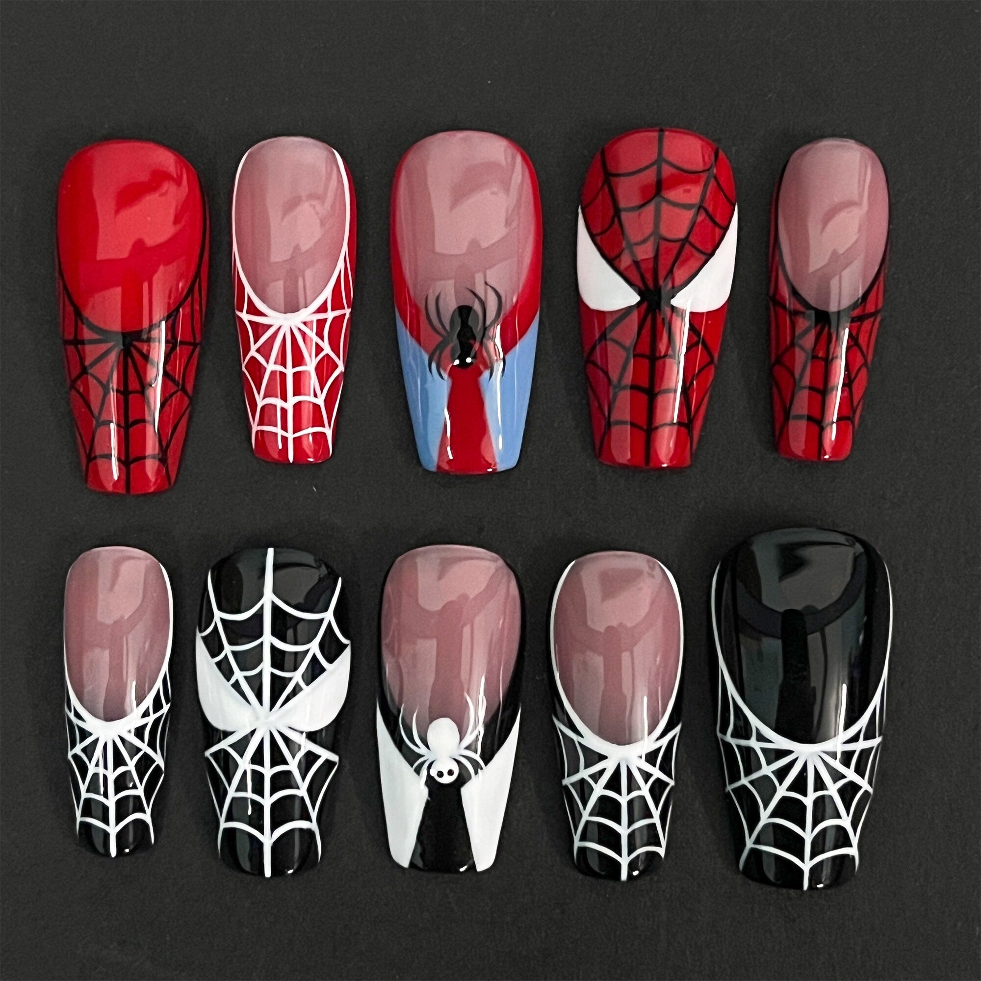 Black & Red Spider Web Long Coffin Halloween Press on Nails, Custom Fake Scary Night Nails, False Nails, DIY Nails