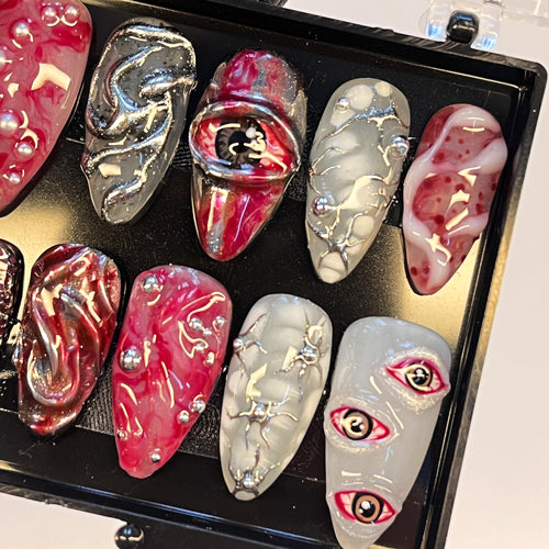 Blood Eyes Scary Almond Press On Nails, Horror Halloween/Cosplay/Carnival Nails Art, Handpainted Fake Nail