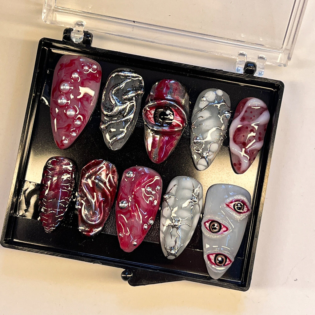 Blood Eyes Scary Almond Press On Nails, Horror Halloween/Cosplay/Carnival Nails Art, Handpainted Fake Nail