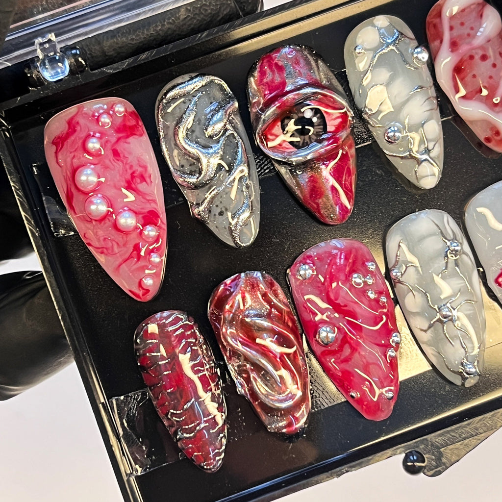 Blood Eyes Scary Almond Press On Nails, Horror Halloween/Cosplay/Carnival Nails Art, Handpainted Fake Nail