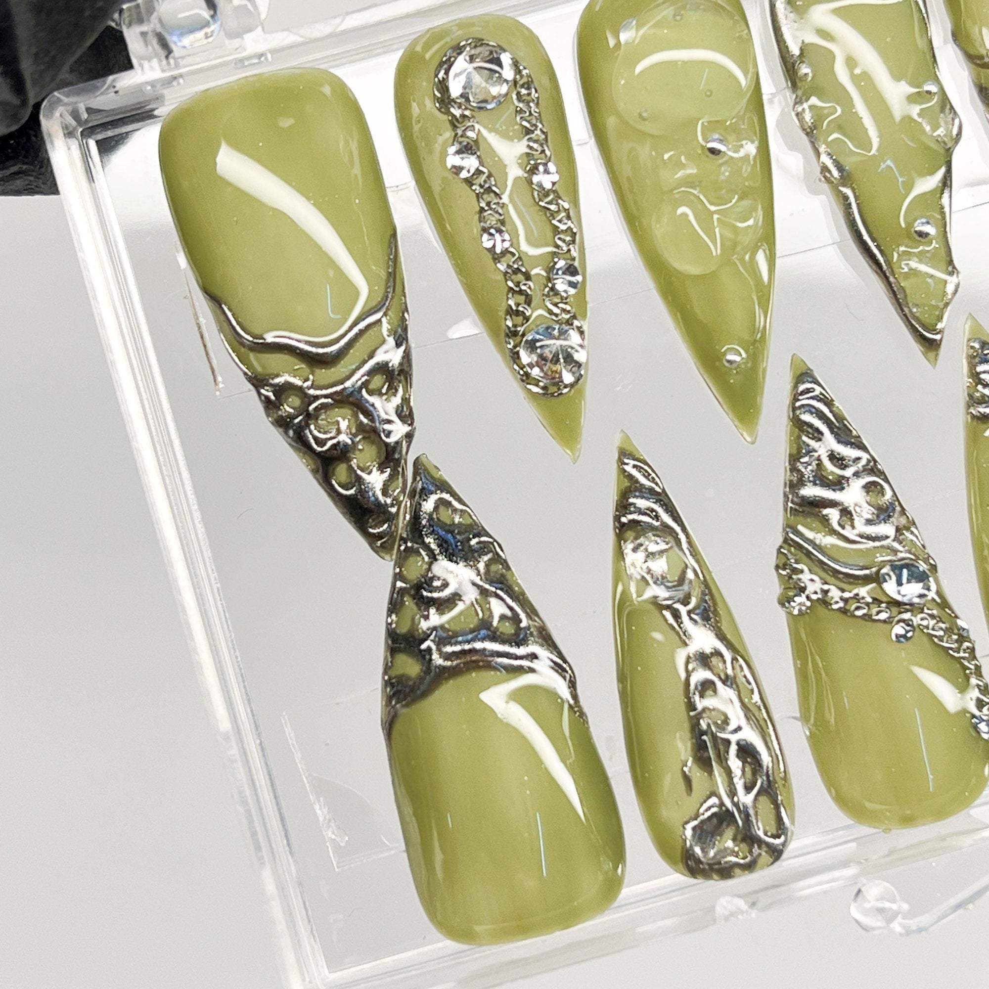 3D Chrome Metallic Silver on Trendy Green Long Stiletto Press On Nails Goth, Handpainted Gothic Fake Nails, Y2K Emo Grunge Nails