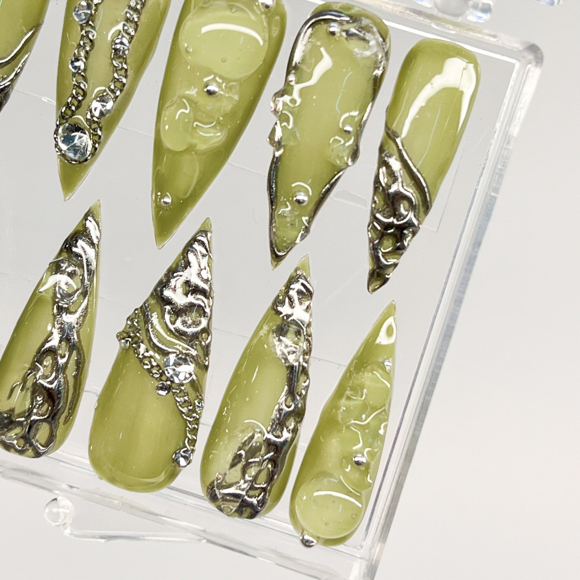 3D Chrome Metallic Silver on Trendy Green Long Stiletto Press On Nails Goth, Handpainted Gothic Fake Nails, Y2K Emo Grunge Nails
