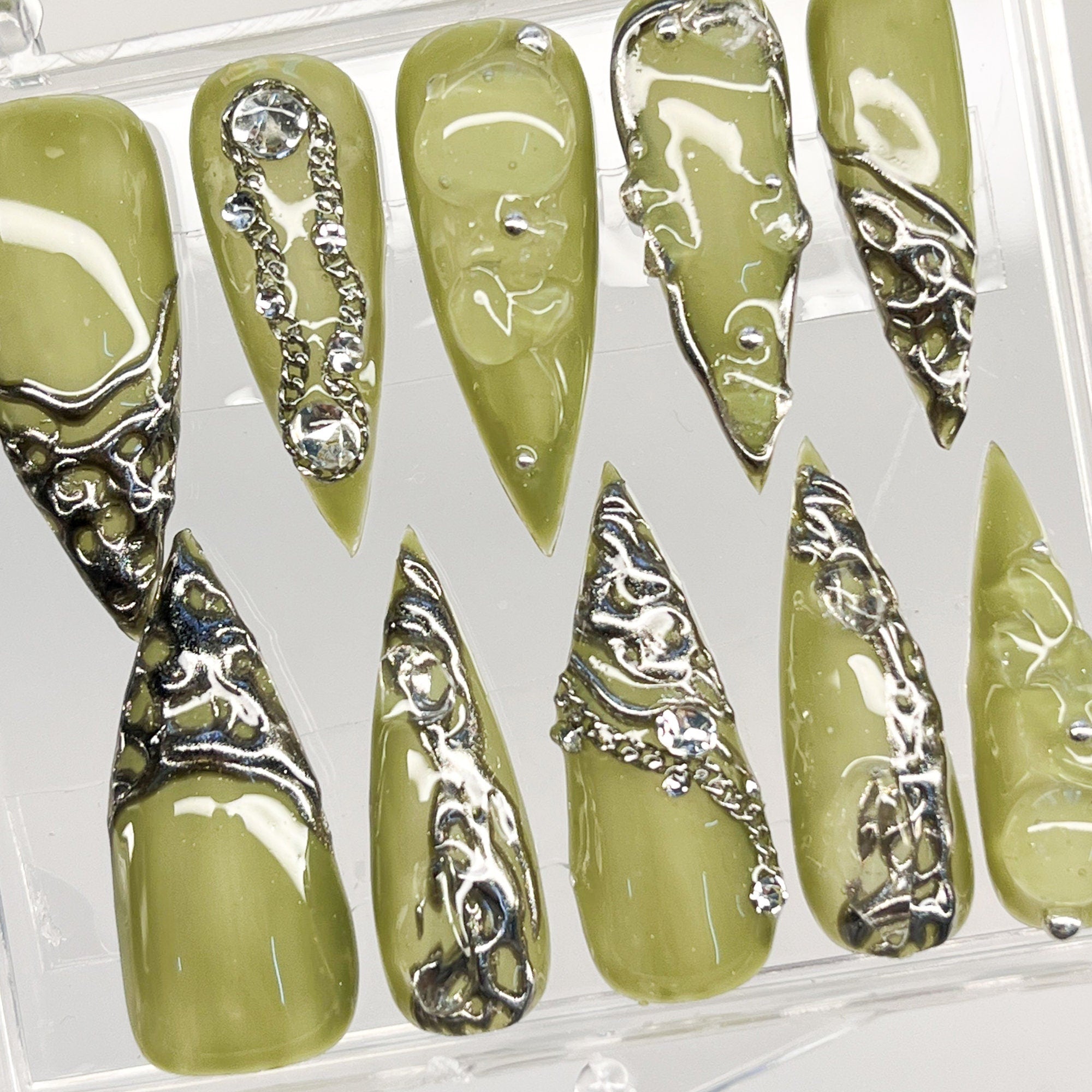 3D Chrome Metallic Silver on Trendy Green Long Stiletto Press On Nails Goth, Handpainted Gothic Fake Nails, Y2K Emo Grunge Nails