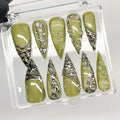 3D Chrome Metallic Silver on Trendy Green Long Stiletto Press On Nails Goth, Handpainted Gothic Fake Nails, Y2K Emo Grunge Nails