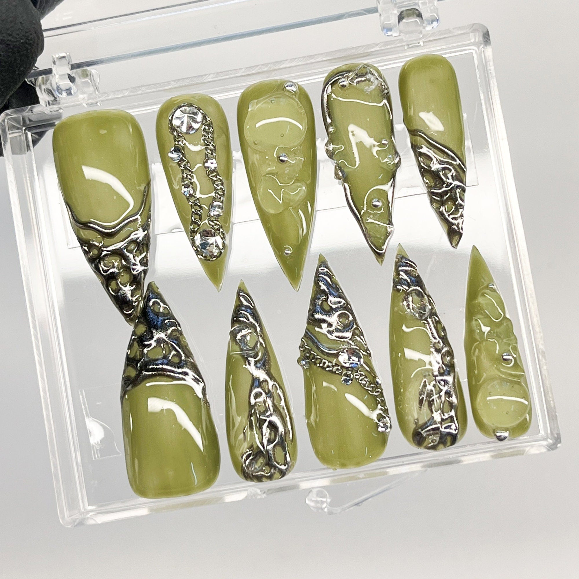 3D Chrome Metallic Silver on Trendy Green Long Stiletto Press On Nails Goth, Handpainted Gothic Fake Nails, Y2K Emo Grunge Nails