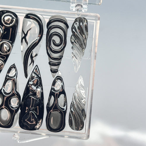 3D Black Clear Transparent Stiletto Goth Press On Nails, Handpainted Luxury Acrylic Gothic Fake Nails, Emo Y2K Style